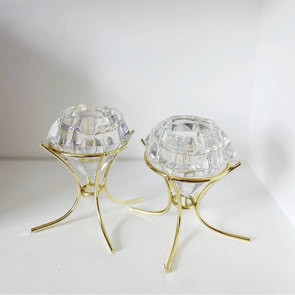 Two glass diamond tealight holders with brass base - Picture 5 of 5